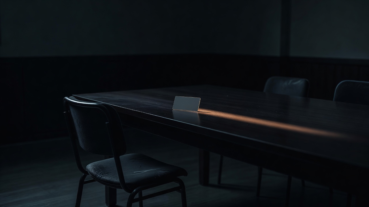Uma cadeira vazia diante de uma mesa de reunião escura, um crachá em branco caído sobre a mesa sob um facho de luz baixa — o consultor que na hora é ótimo mas amanhã não lembra do seu nome.