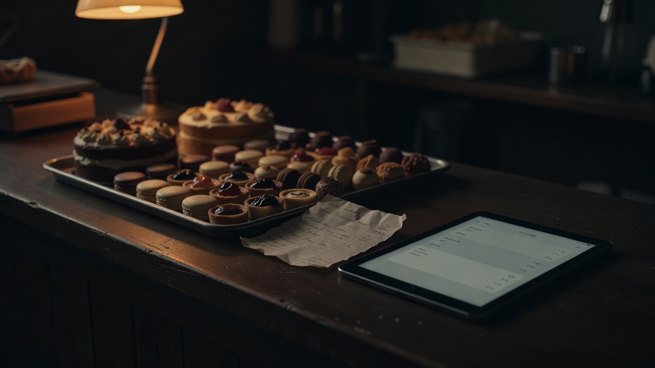 Balcão escuro de confeitaria no fim do dia: uma bandeja de docinhos e bolos sob luz baixa e quente, ao lado um bilhete de encomenda escrito à mão e um tablet com uma interface discreta — a hora de decidir preço e desconto, com os números à mão.