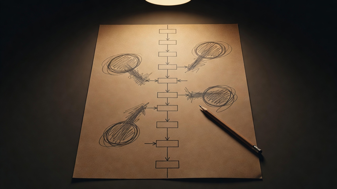 Um fluxograma desenhado à mão sobre papel pardo, sob luz quente e baixa. O caminho central é uma linha reta limpa; dela saem três ramificações rabiscadas e marcadas, mostrando os desvios e as exceções do processo.
