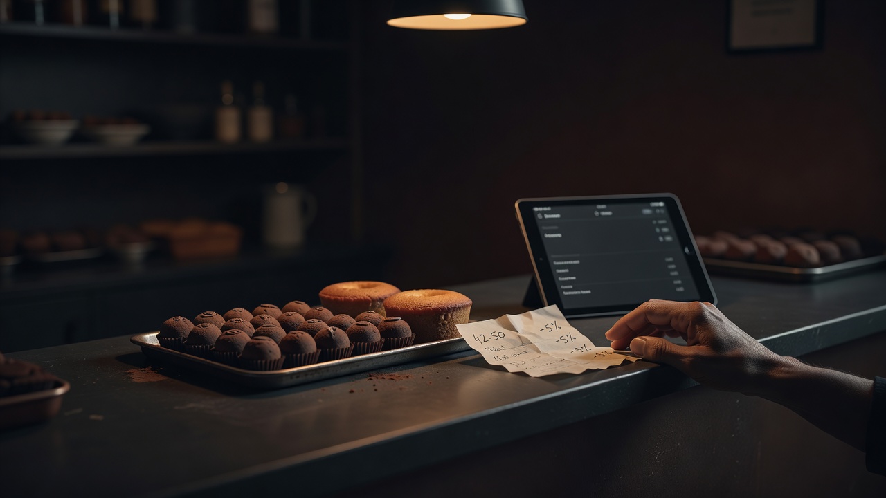 Balcão escuro de confeitaria no fim do dia: uma bandeja de docinhos e bolos sob luz baixa e quente, um bilhete de encomenda escrito à mão com percentuais de desconto, um tablet de interface discreta e uma mão anônima — a hora de decidir preço e desconto, com os números à mão.
