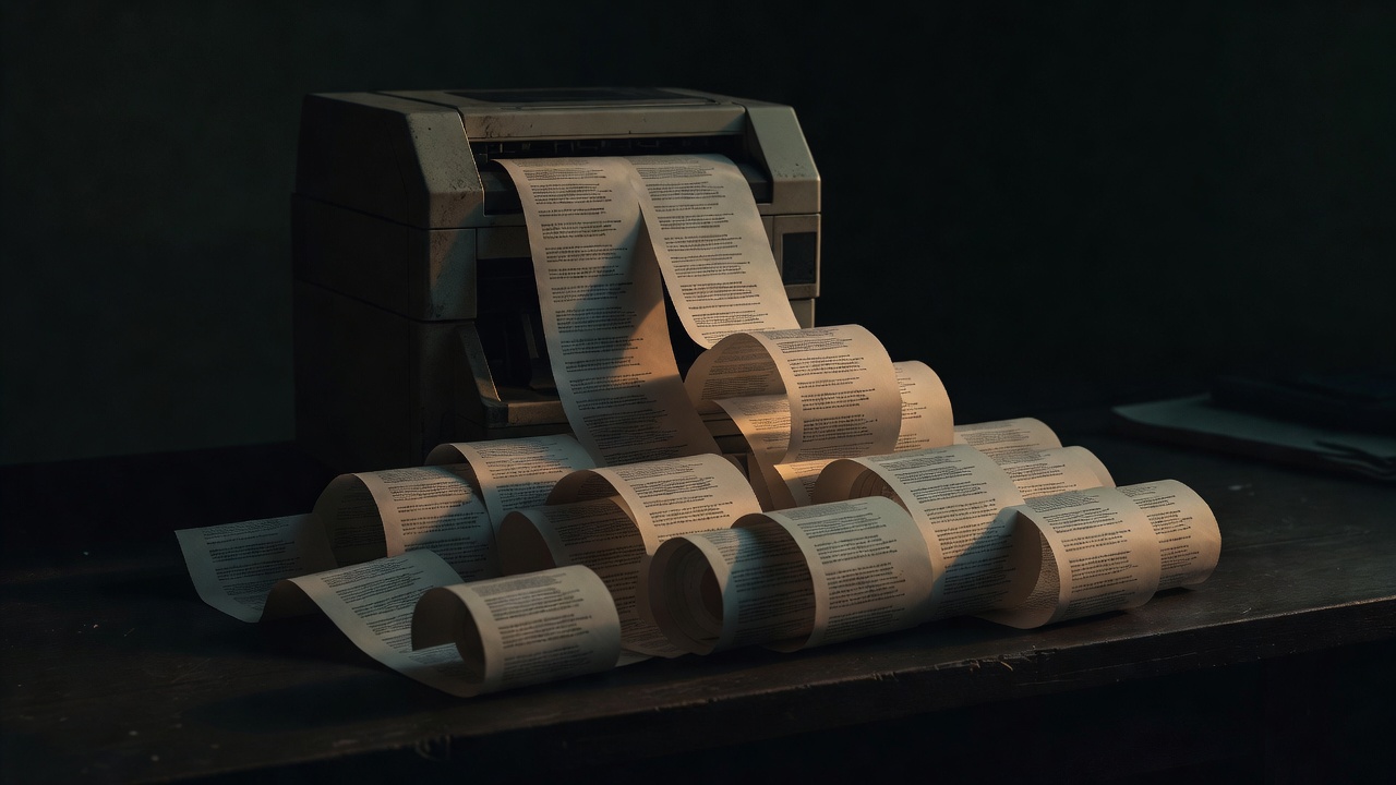 Uma impressora antiga despejando uma longa tira de papel sobre uma mesa escura, com o mesmo bloco de texto repetido vez após vez ao longo de toda a fita — o recomeço que se paga em cada conversa.